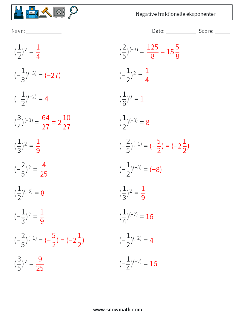 Negative fraktionelle eksponenter Matematiske regneark 4 Spørgsmål, svar