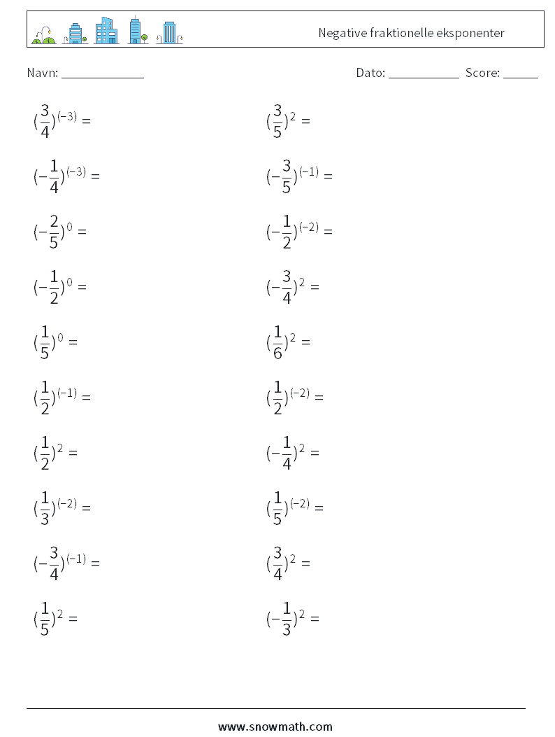 Negative fraktionelle eksponenter Matematiske regneark 5