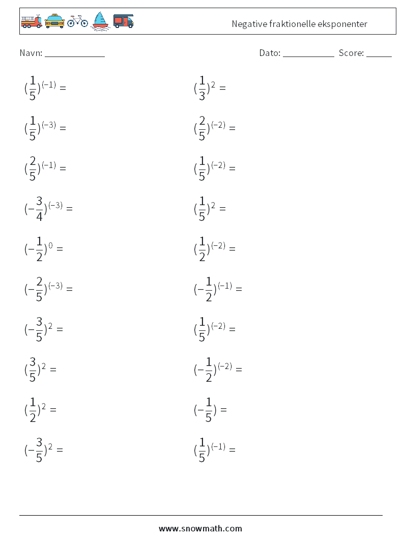 Negative fraktionelle eksponenter Matematiske regneark 6