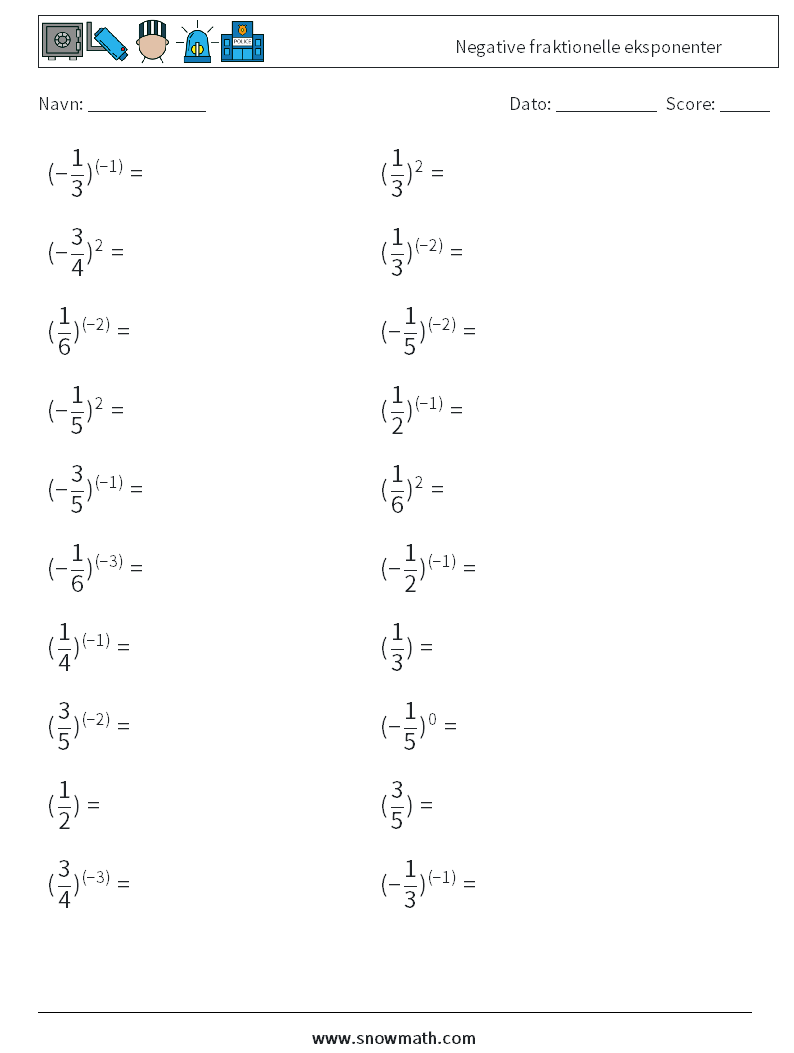 Negative fraktionelle eksponenter Matematiske regneark 7