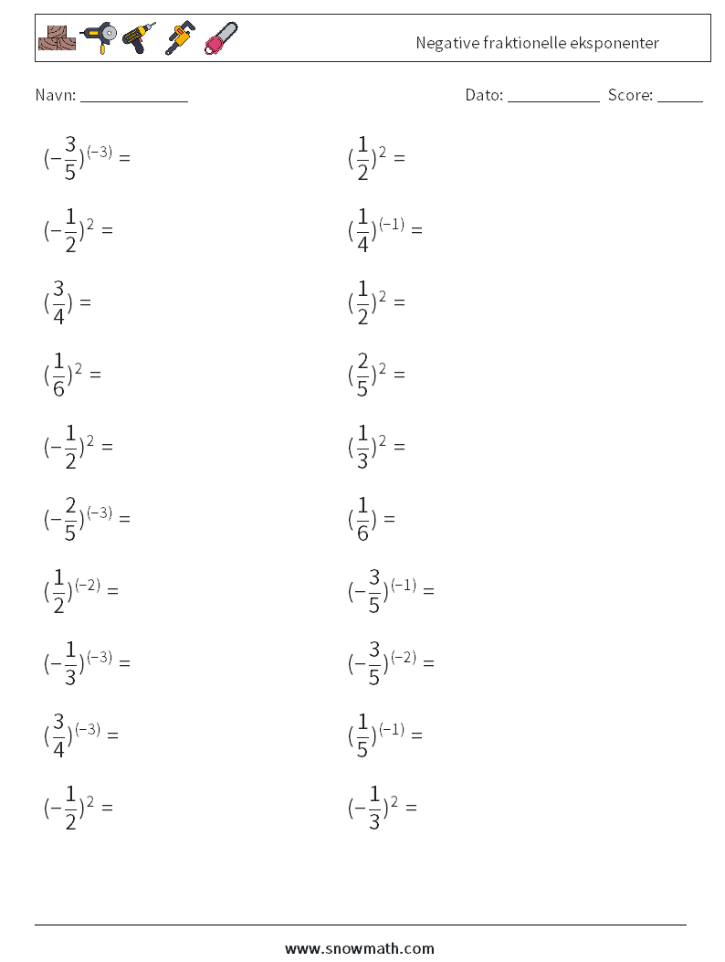 Negative fraktionelle eksponenter Matematiske regneark 8