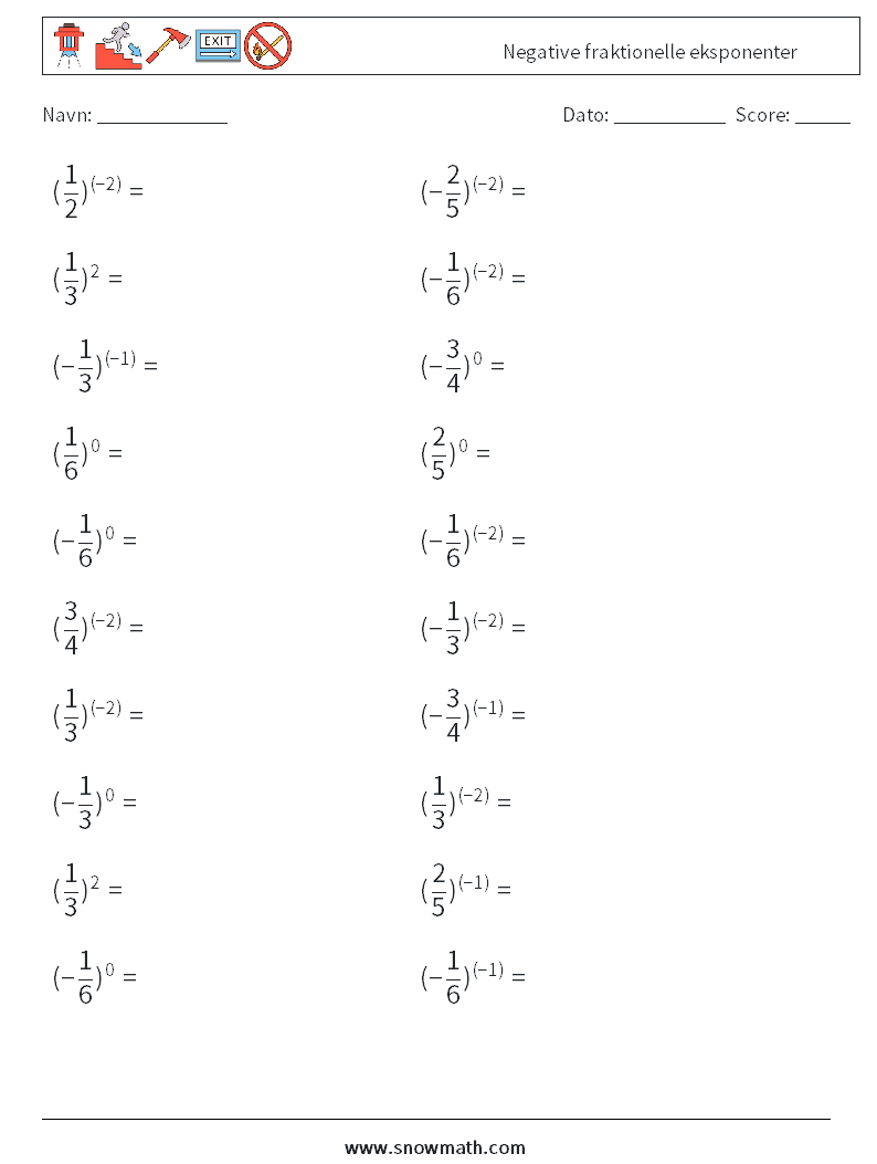 Negative fraktionelle eksponenter Matematiske regneark 9