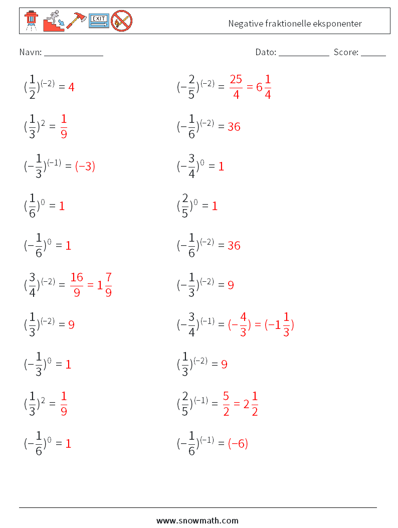 Negative fraktionelle eksponenter Matematiske regneark 9 Spørgsmål, svar