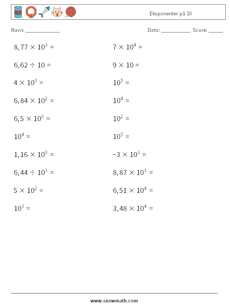 Eksponenter på 10 Matematiske regneark 1