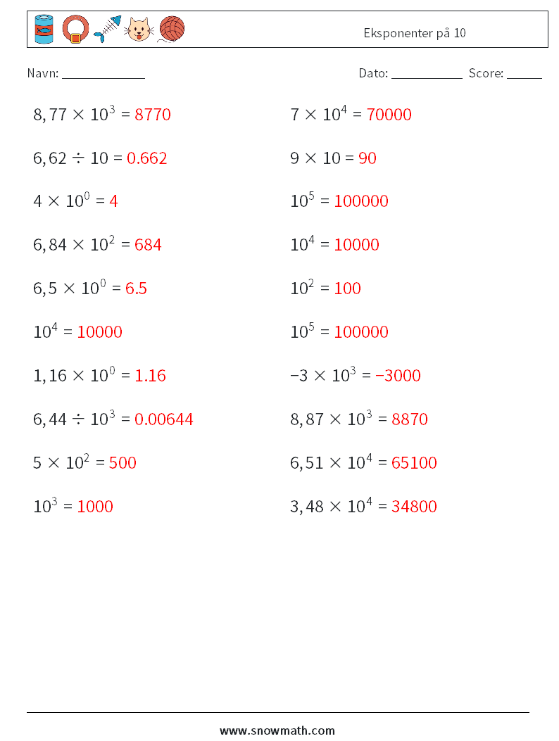 Eksponenter på 10 Matematiske regneark 1 Spørgsmål, svar