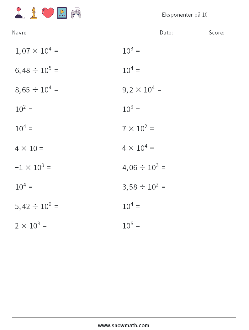 Eksponenter på 10 Matematiske regneark 2