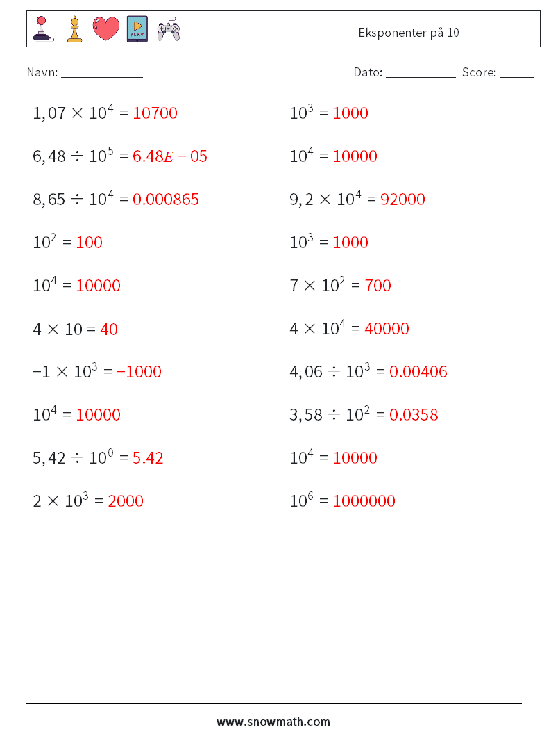 Eksponenter på 10 Matematiske regneark 2 Spørgsmål, svar