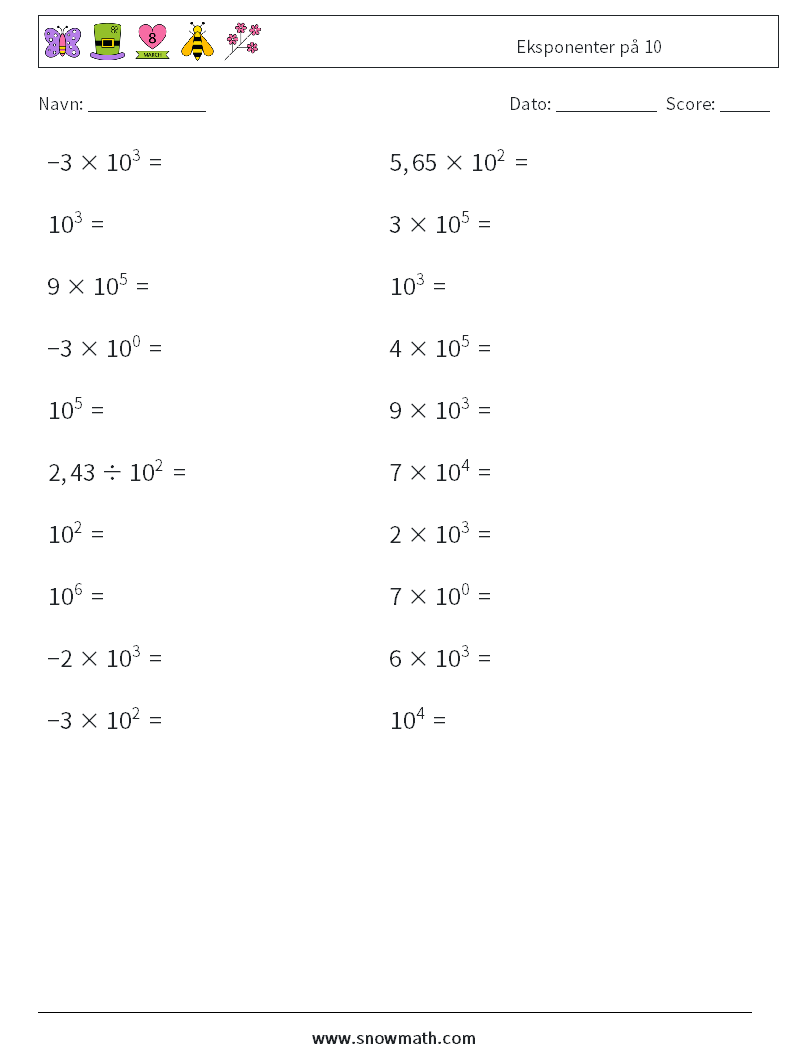 Eksponenter på 10 Matematiske regneark 3