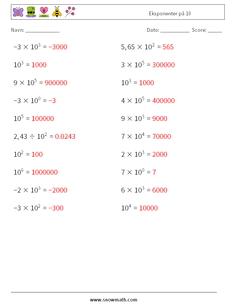 Eksponenter på 10 Matematiske regneark 3 Spørgsmål, svar