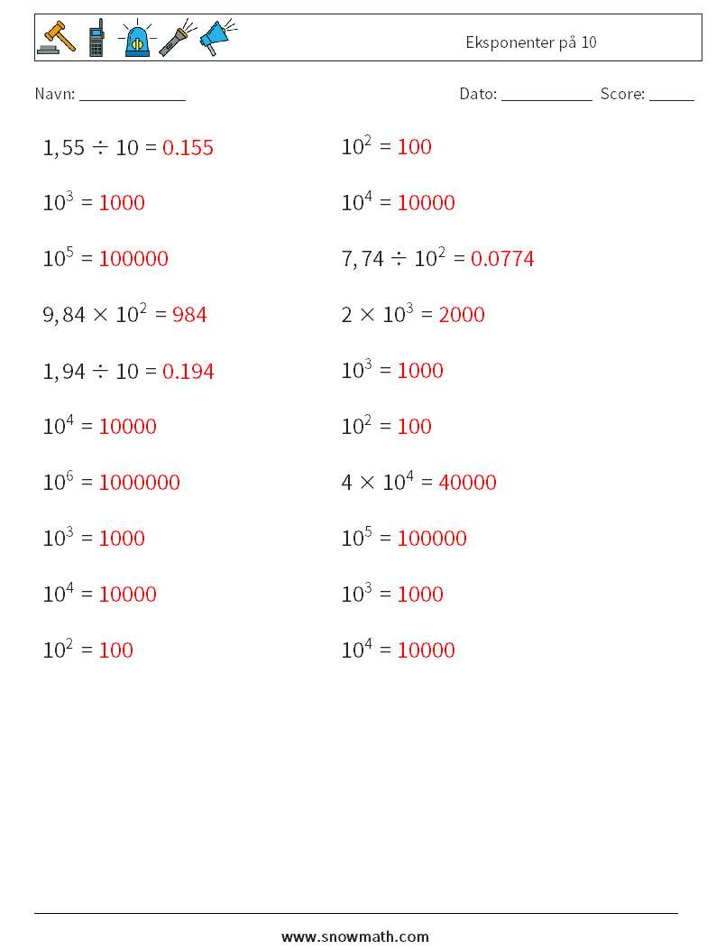 Eksponenter på 10 Matematiske regneark 6 Spørgsmål, svar