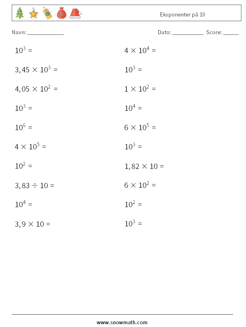 Eksponenter på 10 Matematiske regneark 7