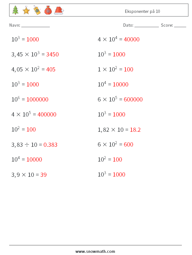 Eksponenter på 10 Matematiske regneark 7 Spørgsmål, svar
