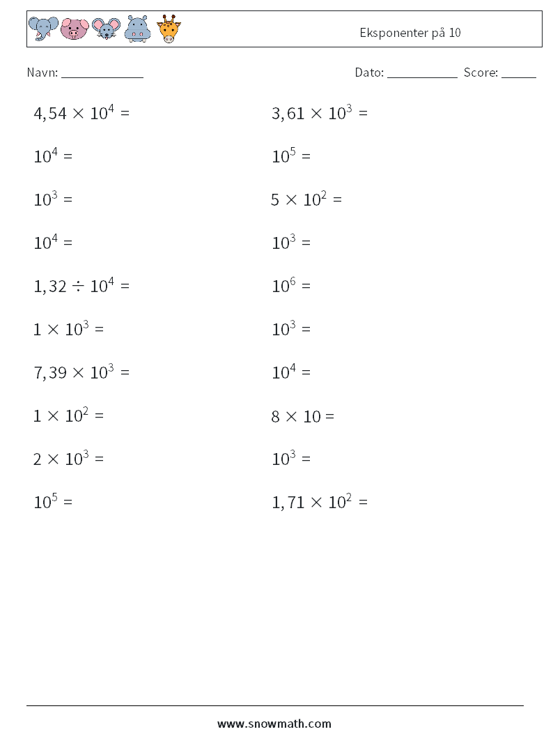 Eksponenter på 10 Matematiske regneark 8