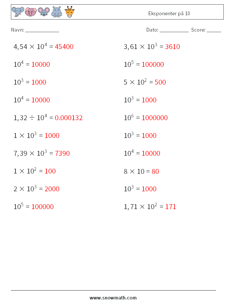 Eksponenter på 10 Matematiske regneark 8 Spørgsmål, svar