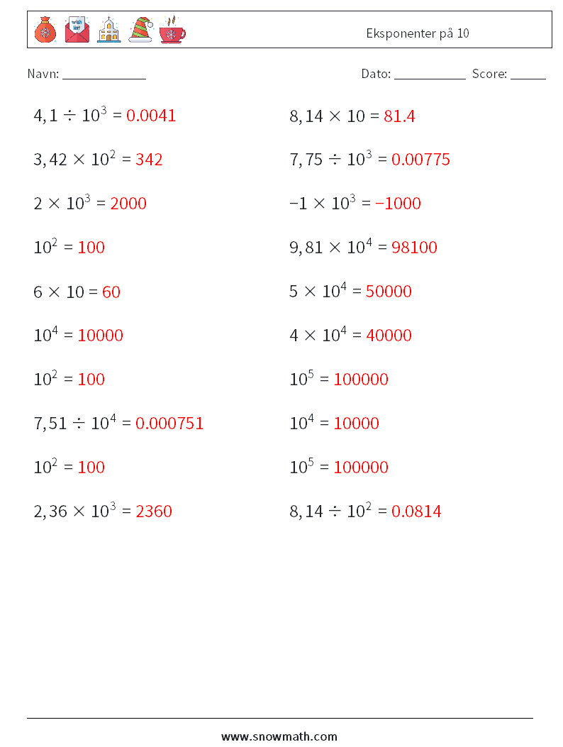 Eksponenter på 10 Matematiske regneark 9 Spørgsmål, svar