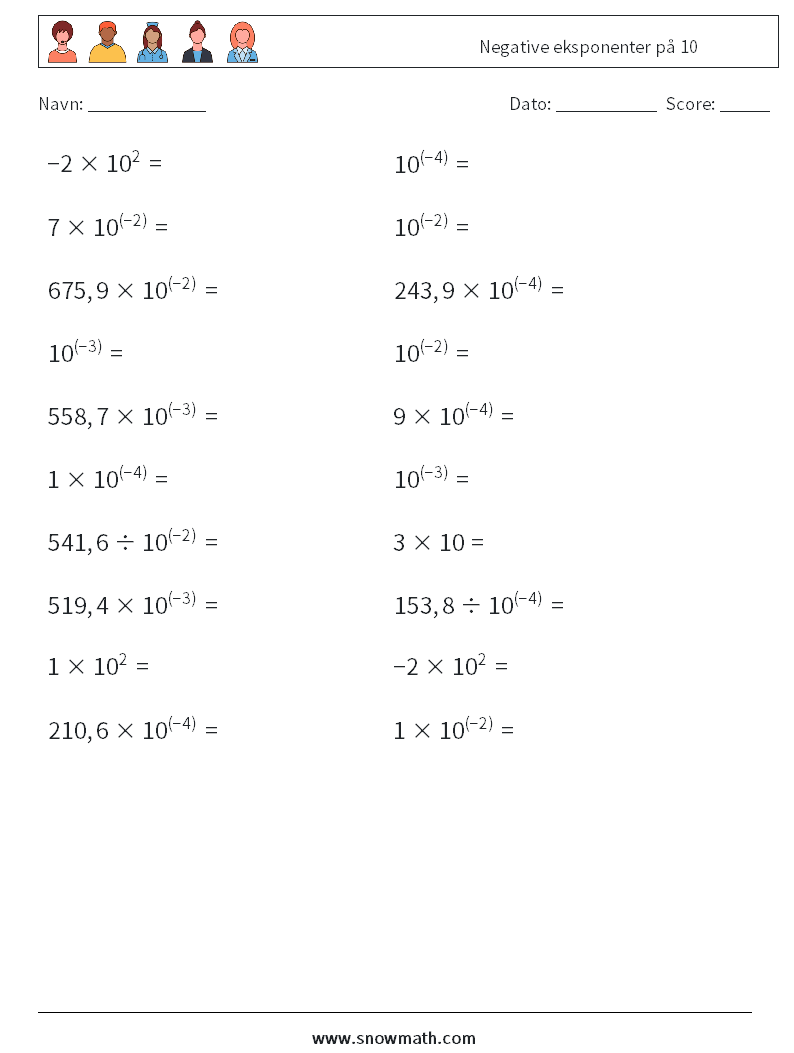 Negative eksponenter på 10 Matematiske regneark 1