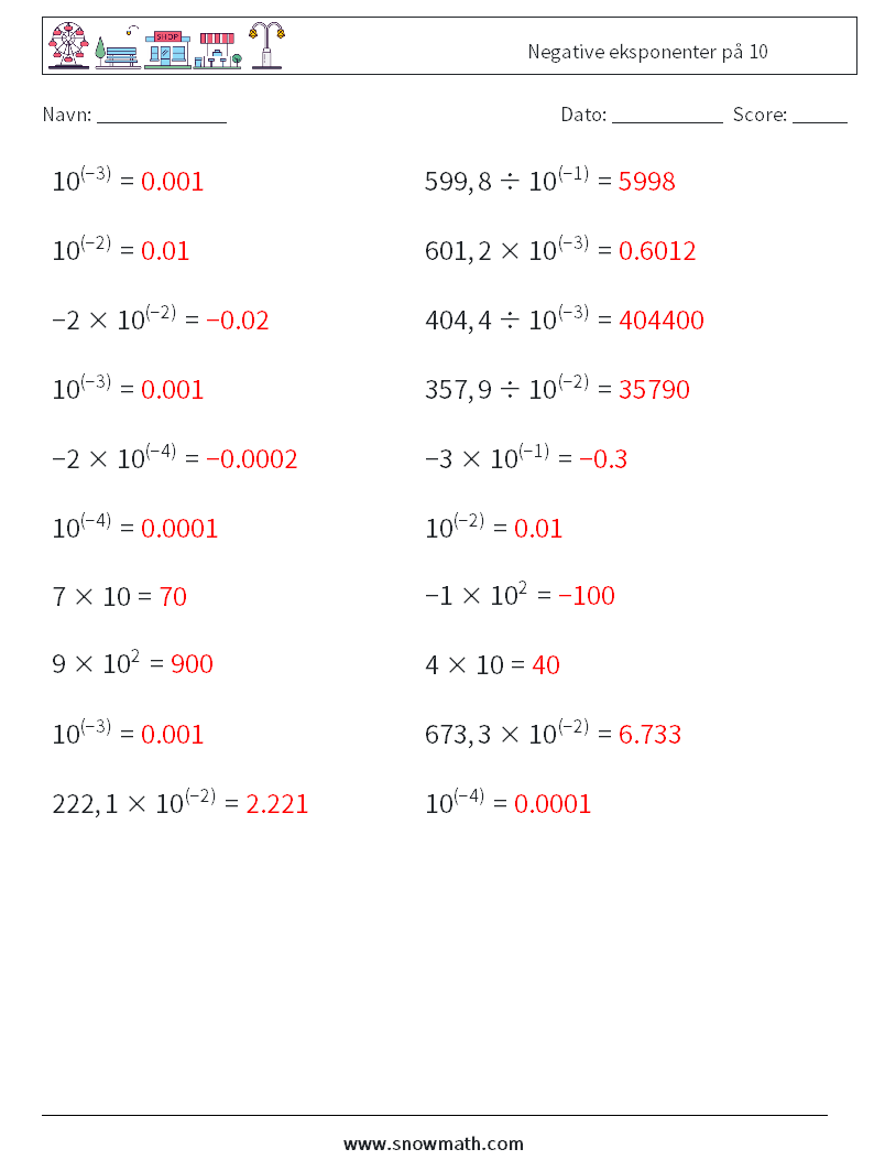 Negative eksponenter på 10 Matematiske regneark 2 Spørgsmål, svar