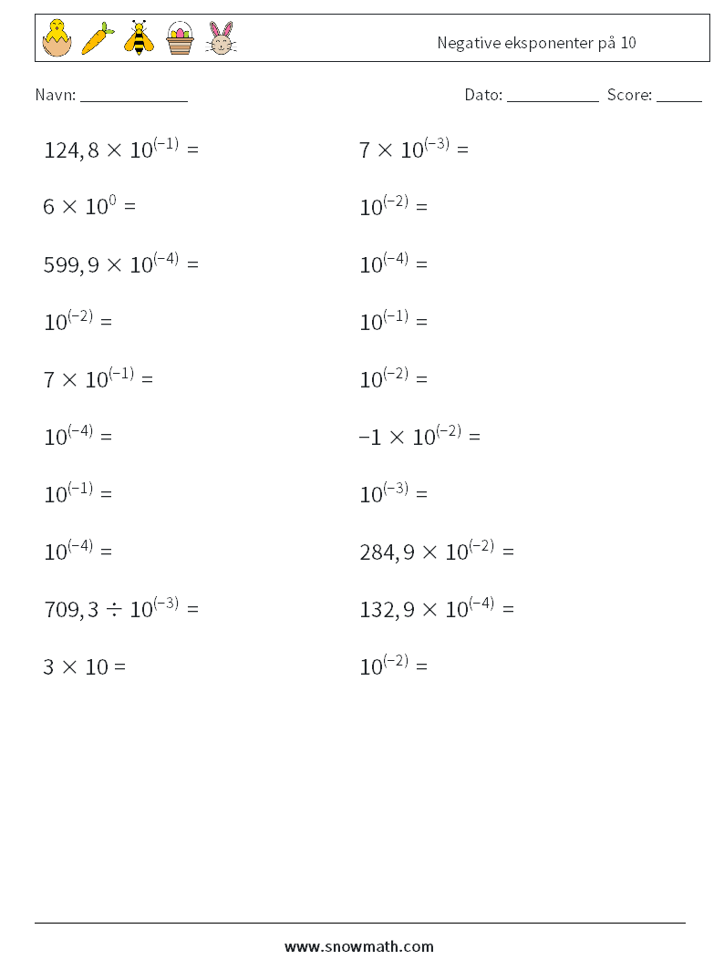 Negative eksponenter på 10 Matematiske regneark 4