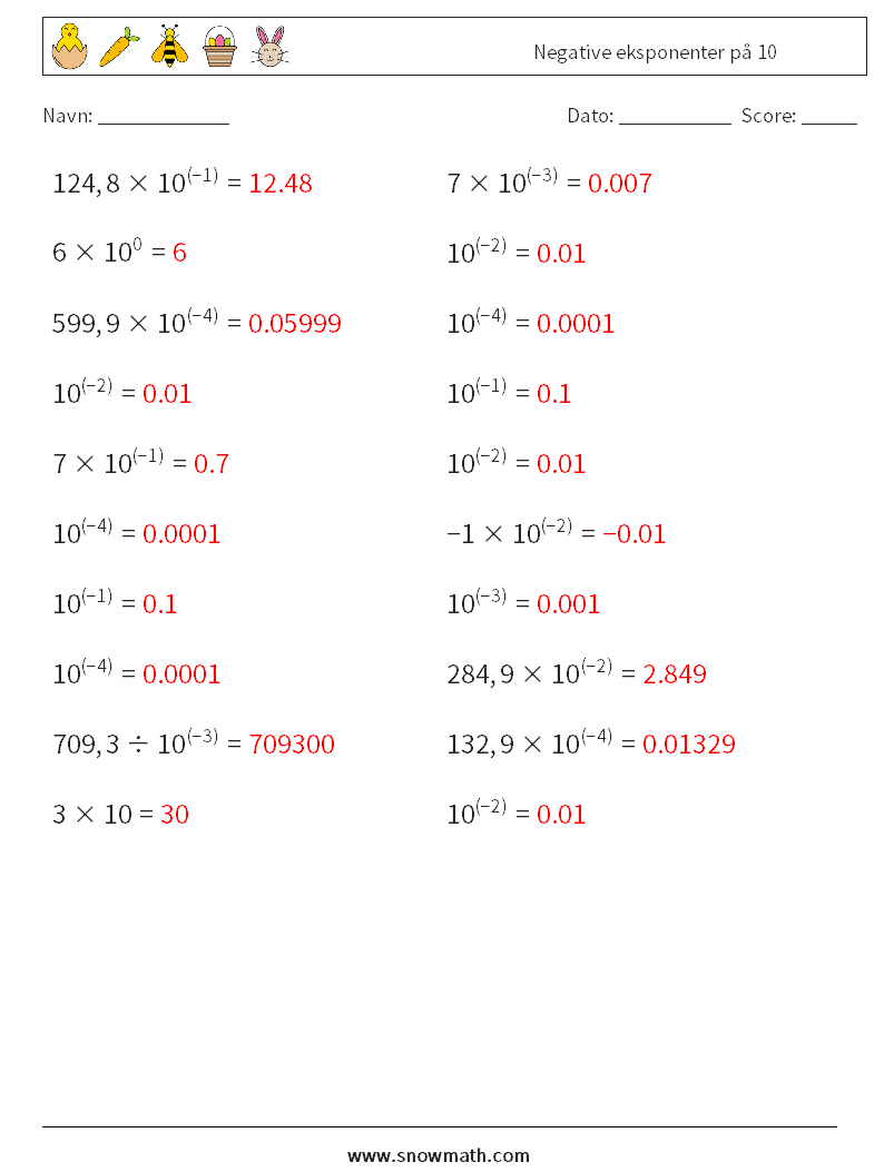 Negative eksponenter på 10 Matematiske regneark 4 Spørgsmål, svar
