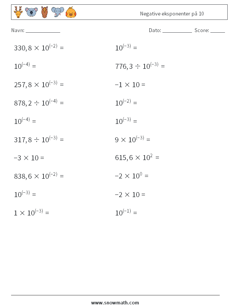 Negative eksponenter på 10 Matematiske regneark 5