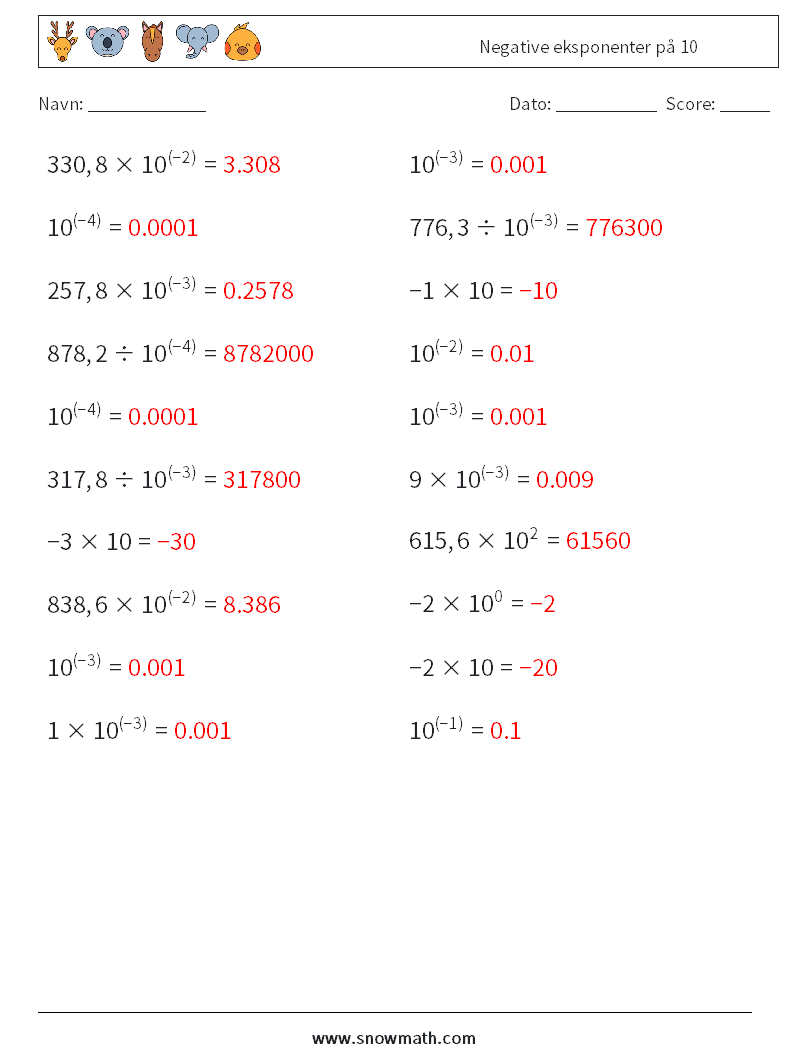 Negative eksponenter på 10 Matematiske regneark 5 Spørgsmål, svar