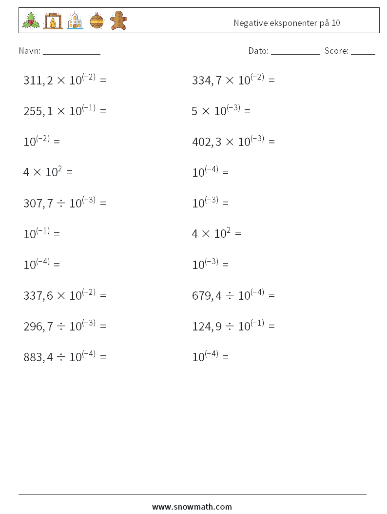 Negative eksponenter på 10 Matematiske regneark 6