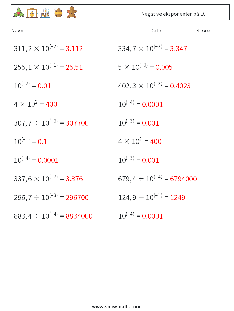 Negative eksponenter på 10 Matematiske regneark 6 Spørgsmål, svar