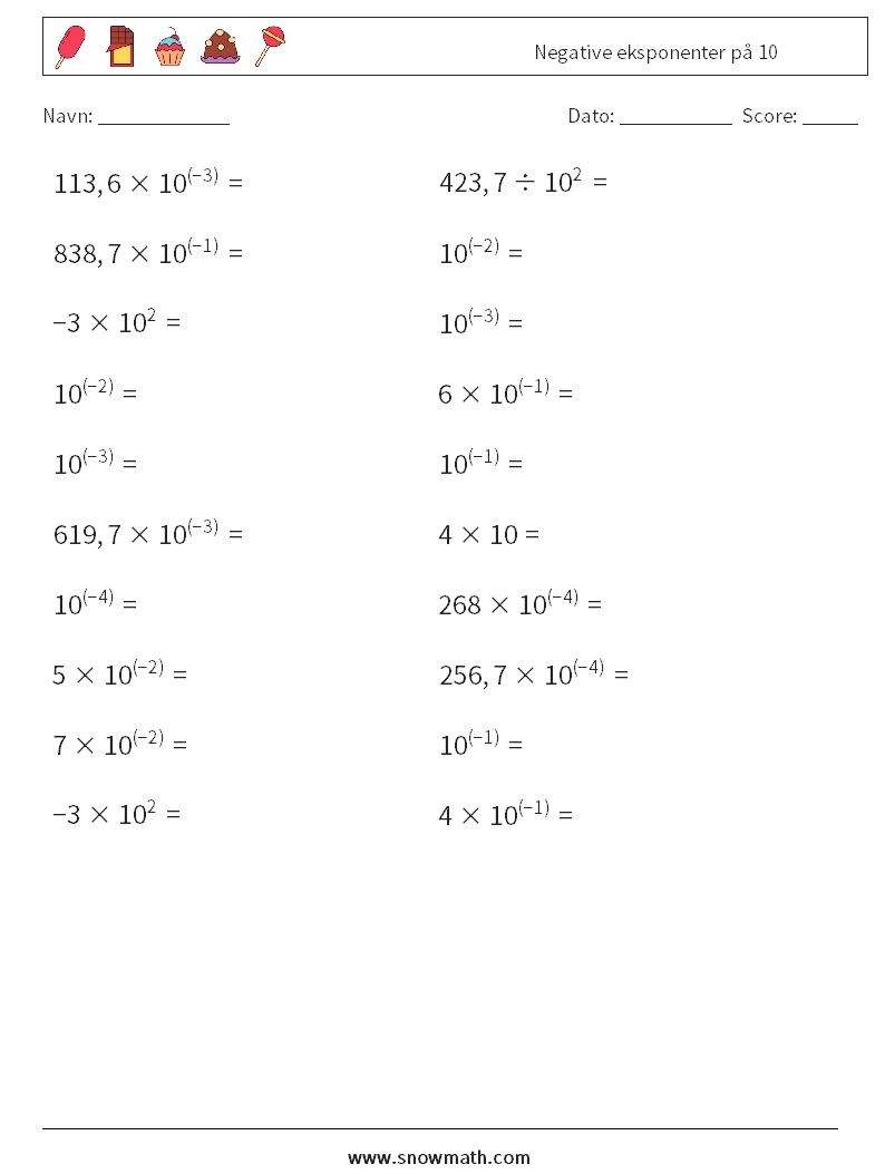 Negative eksponenter på 10 Matematiske regneark 7
