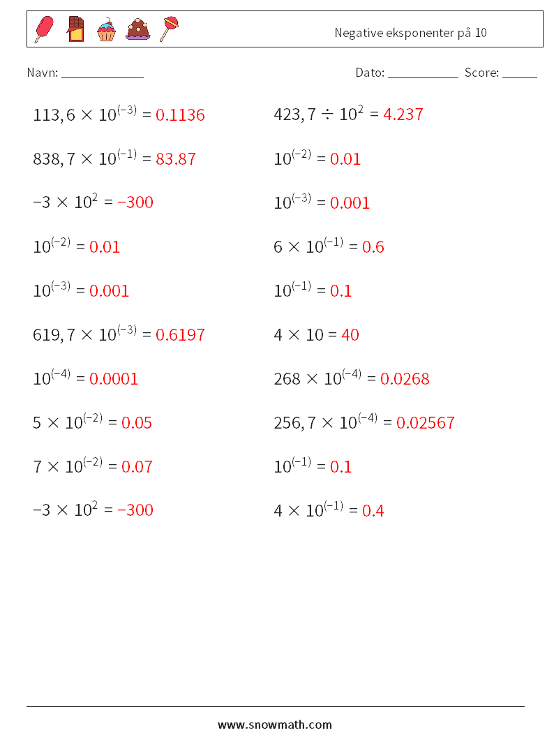Negative eksponenter på 10 Matematiske regneark 7 Spørgsmål, svar
