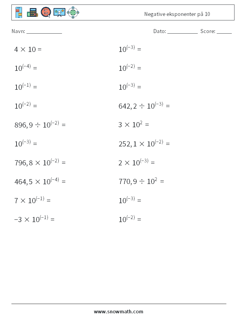 Negative eksponenter på 10 Matematiske regneark 8