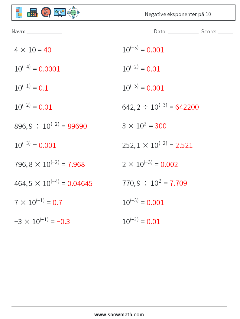 Negative eksponenter på 10 Matematiske regneark 8 Spørgsmål, svar