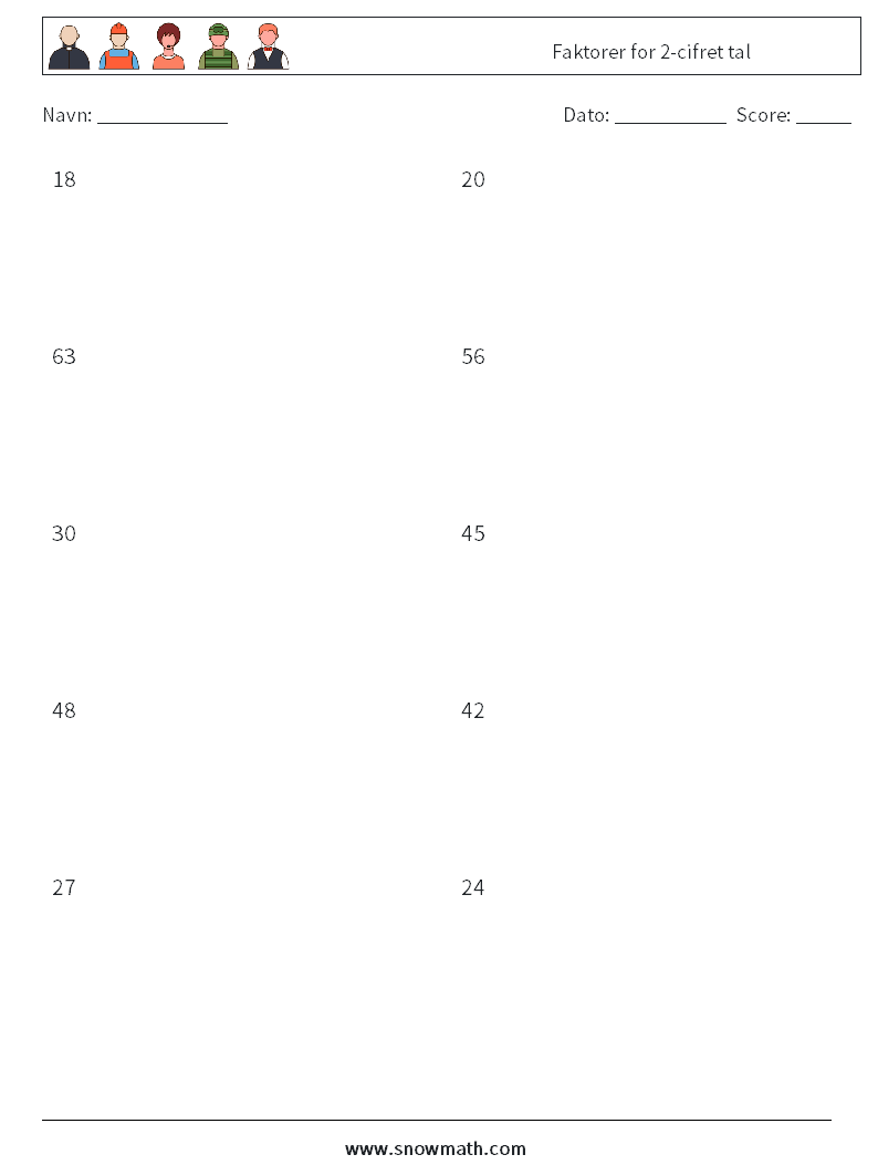 Faktorer for 2-cifret tal Matematiske regneark 1