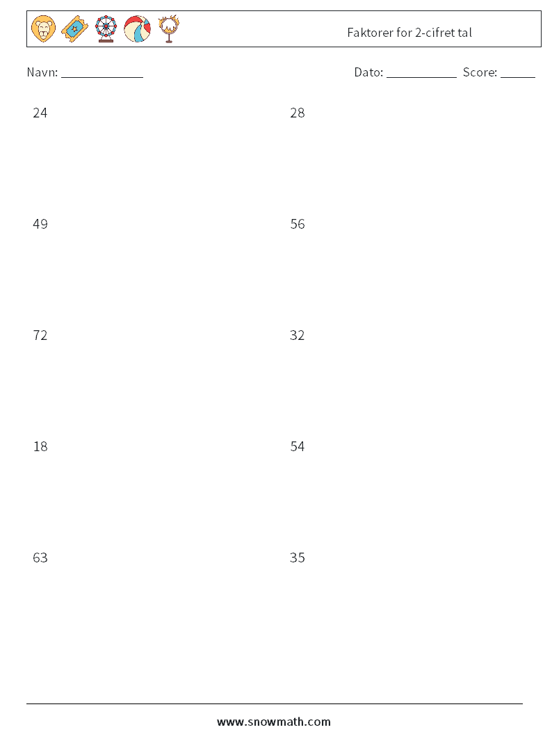 Faktorer for 2-cifret tal Matematiske regneark 2