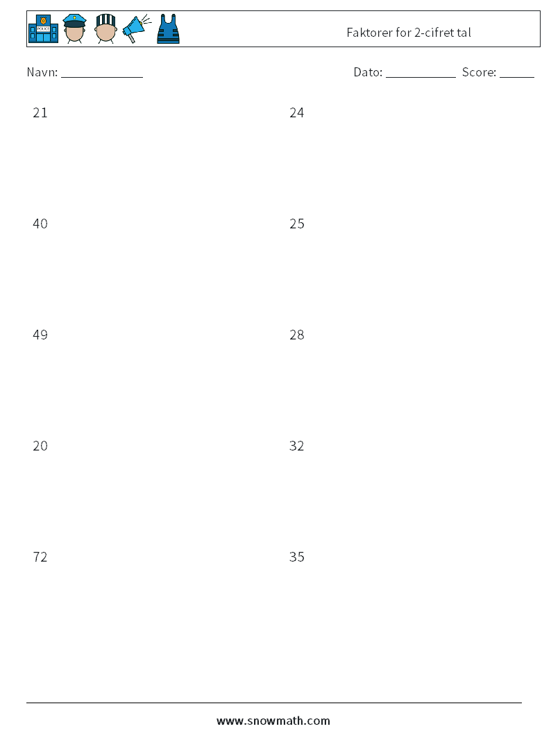 Faktorer for 2-cifret tal Matematiske regneark 3