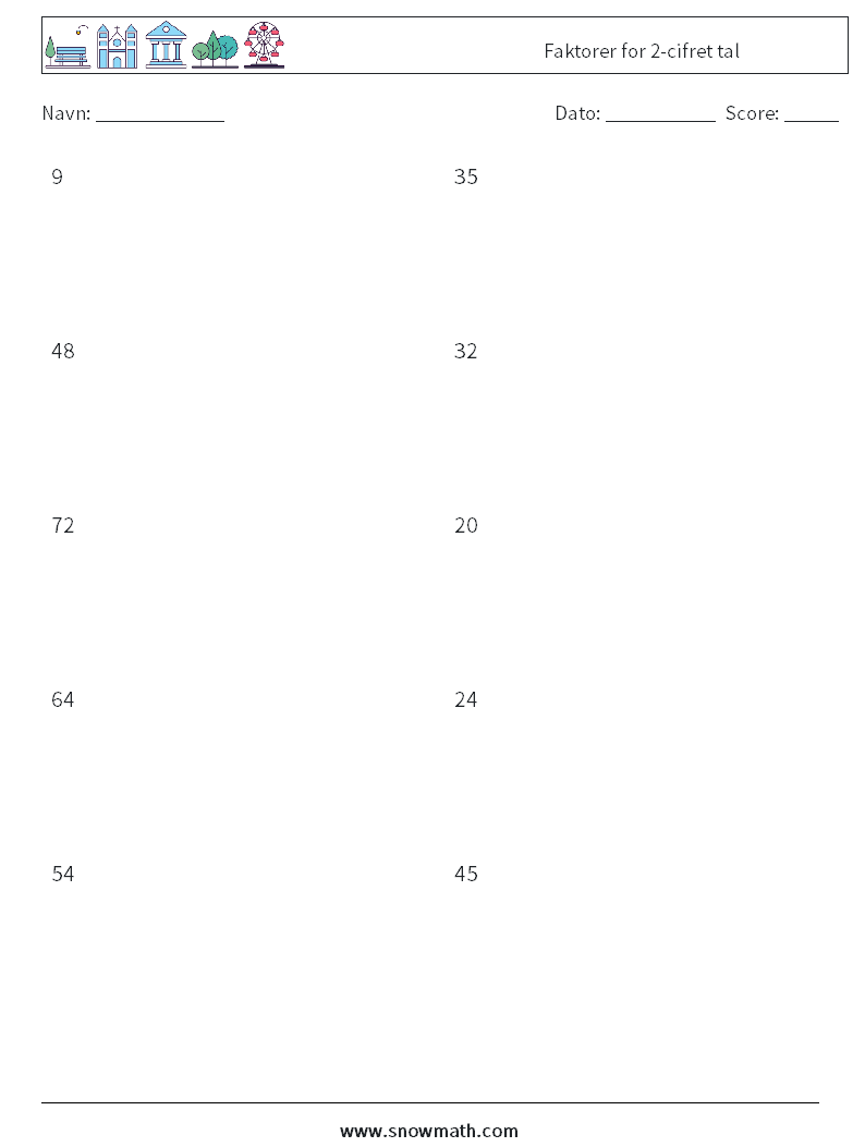 Faktorer for 2-cifret tal Matematiske regneark 4