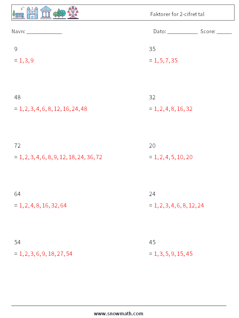 Faktorer for 2-cifret tal Matematiske regneark 4 Spørgsmål, svar