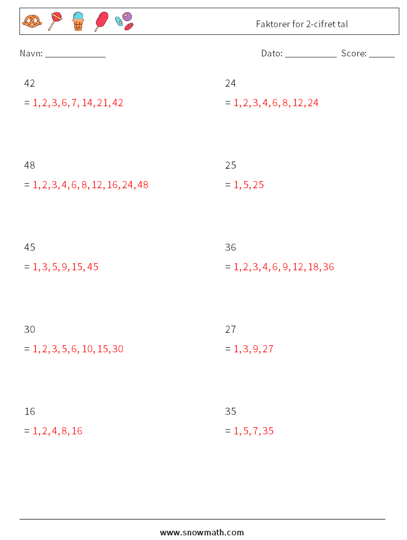 Faktorer for 2-cifret tal Matematiske regneark 5 Spørgsmål, svar