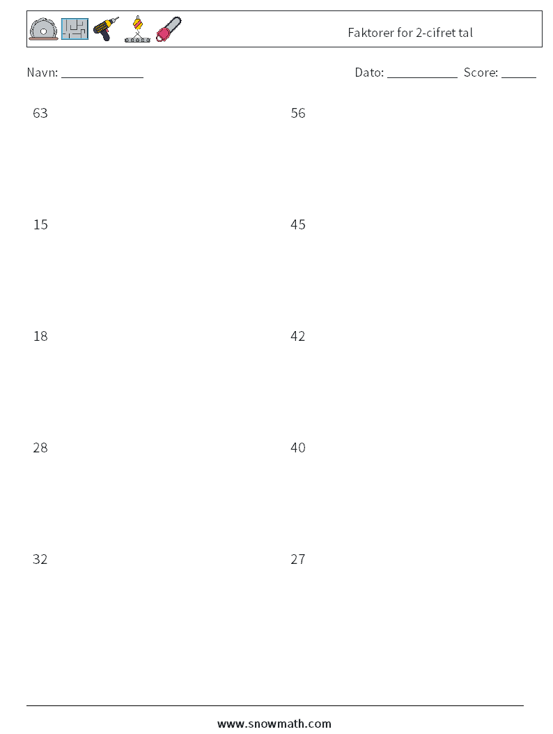 Faktorer for 2-cifret tal Matematiske regneark 6