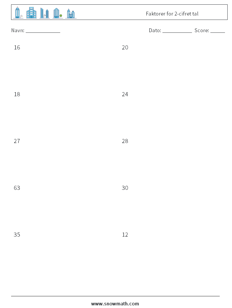 Faktorer for 2-cifret tal Matematiske regneark 8