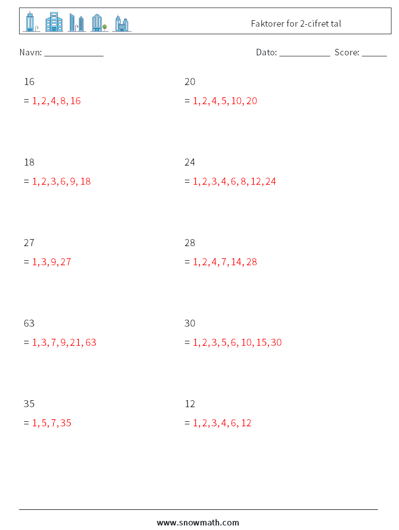 Faktorer for 2-cifret tal Matematiske regneark 8 Spørgsmål, svar