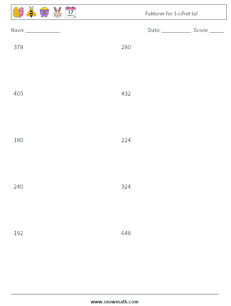 Faktorer for 3-cifret tal Matematiske regneark 1