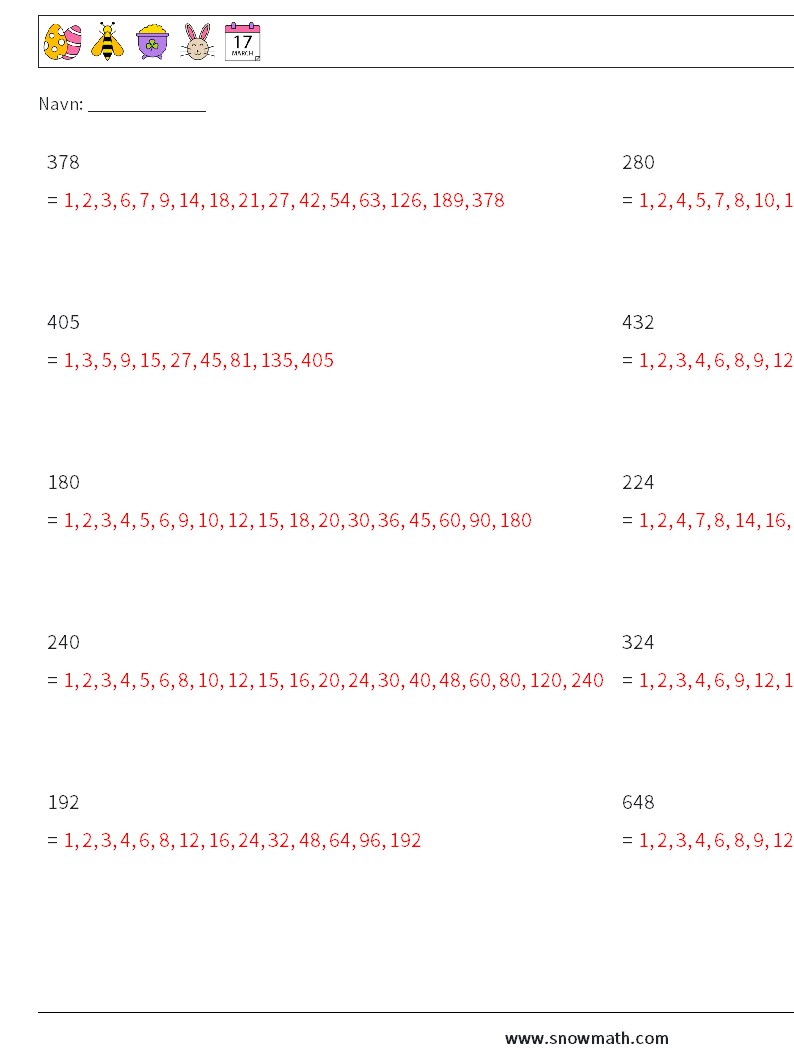 Faktorer for 3-cifret tal Matematiske regneark 1 Spørgsmål, svar