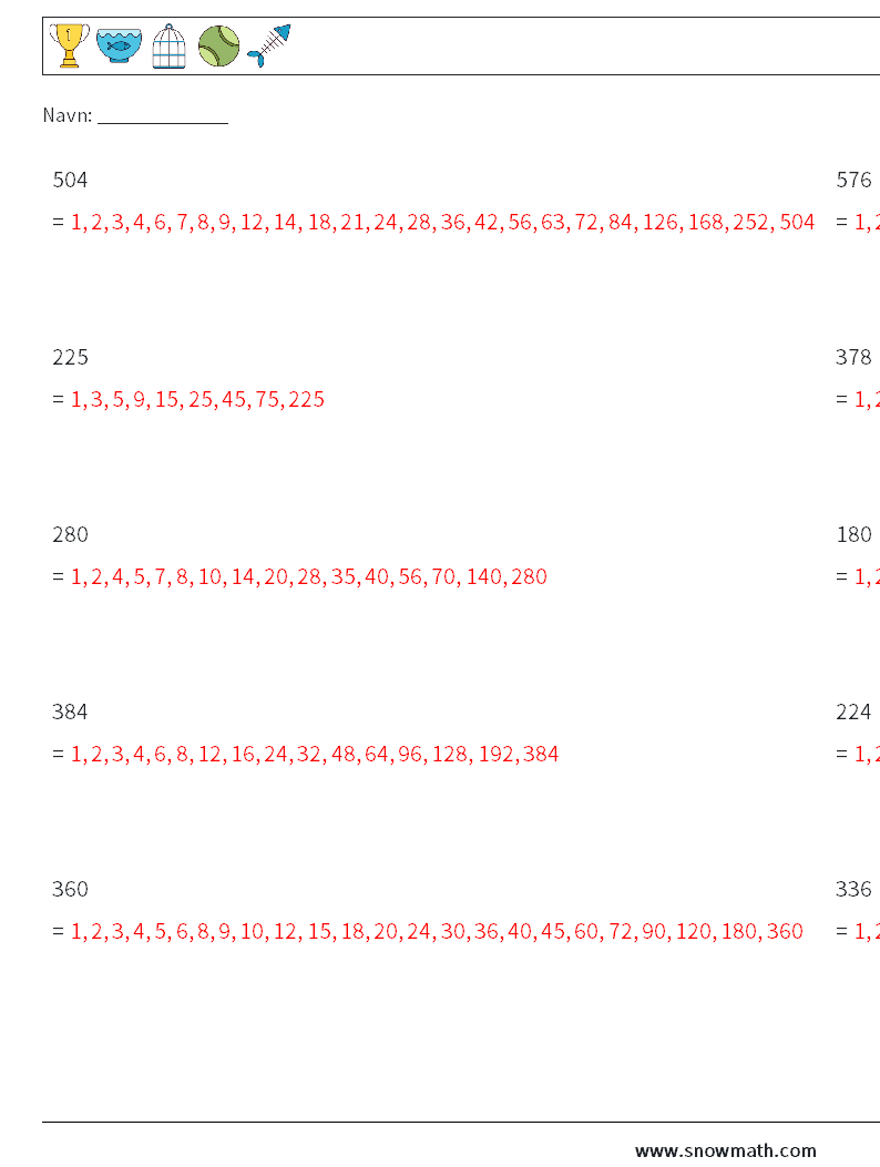 Faktorer for 3-cifret tal Matematiske regneark 2 Spørgsmål, svar