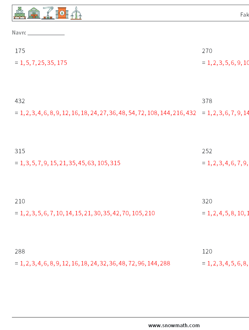 Faktorer for 3-cifret tal Matematiske regneark 4 Spørgsmål, svar