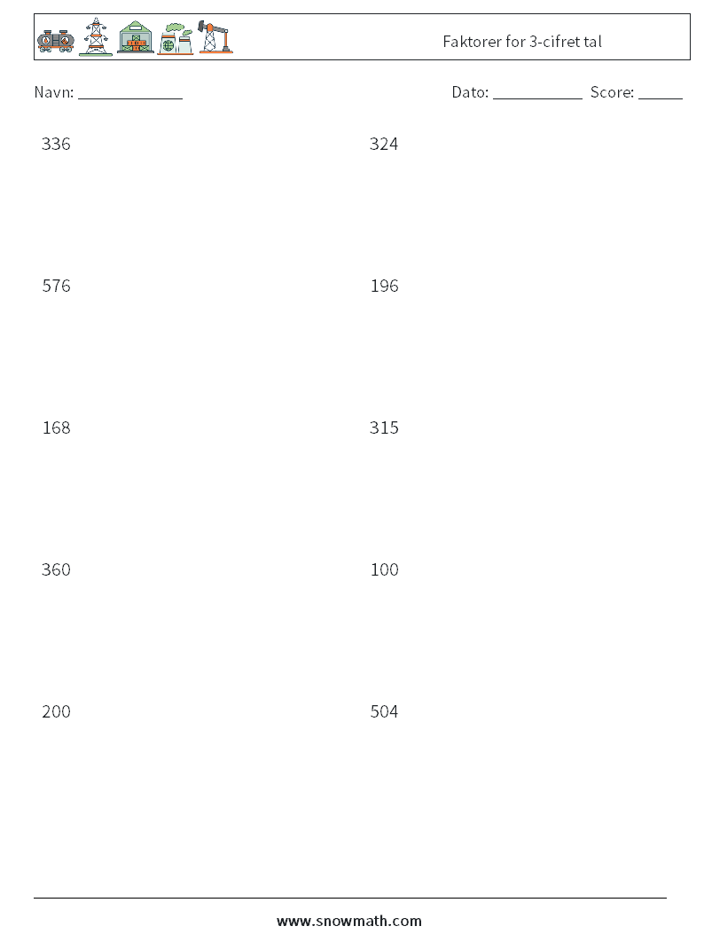 Faktorer for 3-cifret tal Matematiske regneark 5