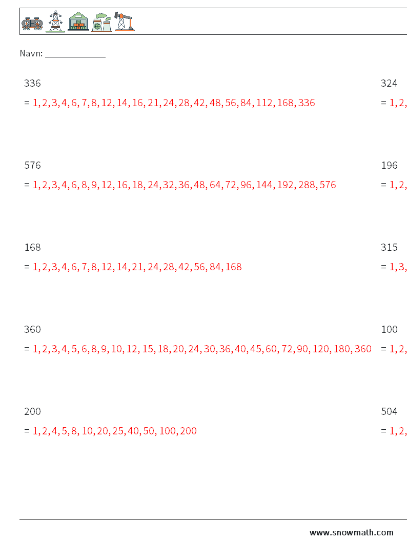 Faktorer for 3-cifret tal Matematiske regneark 5 Spørgsmål, svar