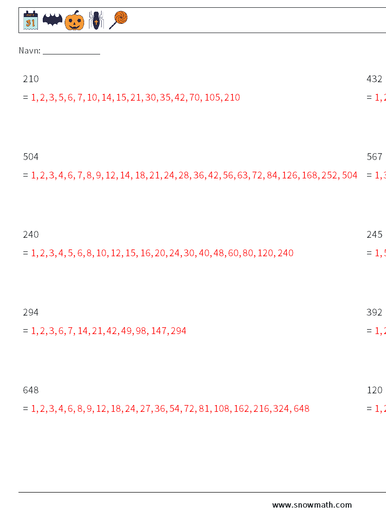 Faktorer for 3-cifret tal Matematiske regneark 6 Spørgsmål, svar