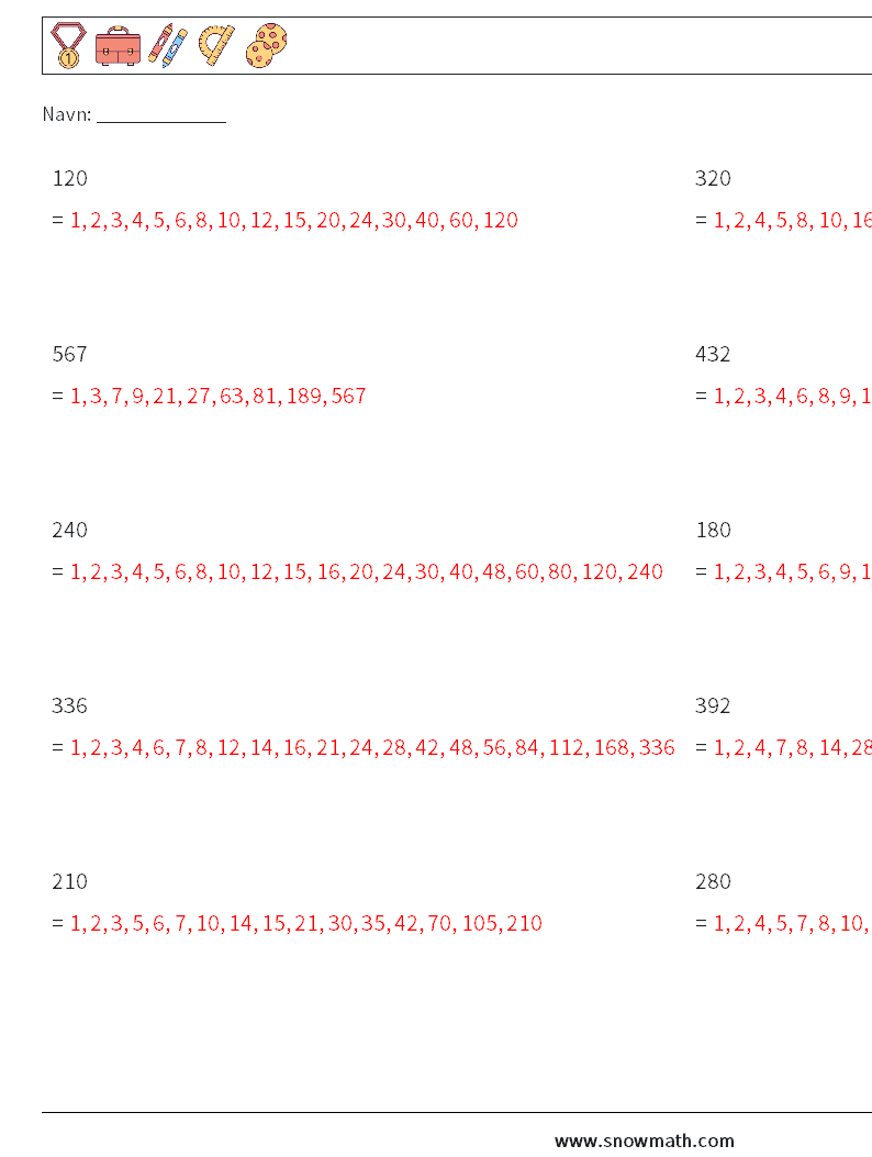 Faktorer for 3-cifret tal Matematiske regneark 7 Spørgsmål, svar