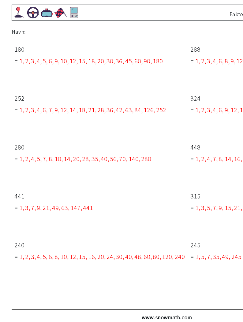 Faktorer for 3-cifret tal Matematiske regneark 8 Spørgsmål, svar