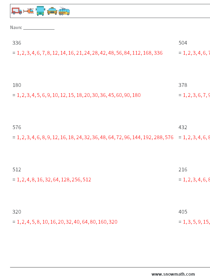 Faktorer for 3-cifret tal Matematiske regneark 9 Spørgsmål, svar